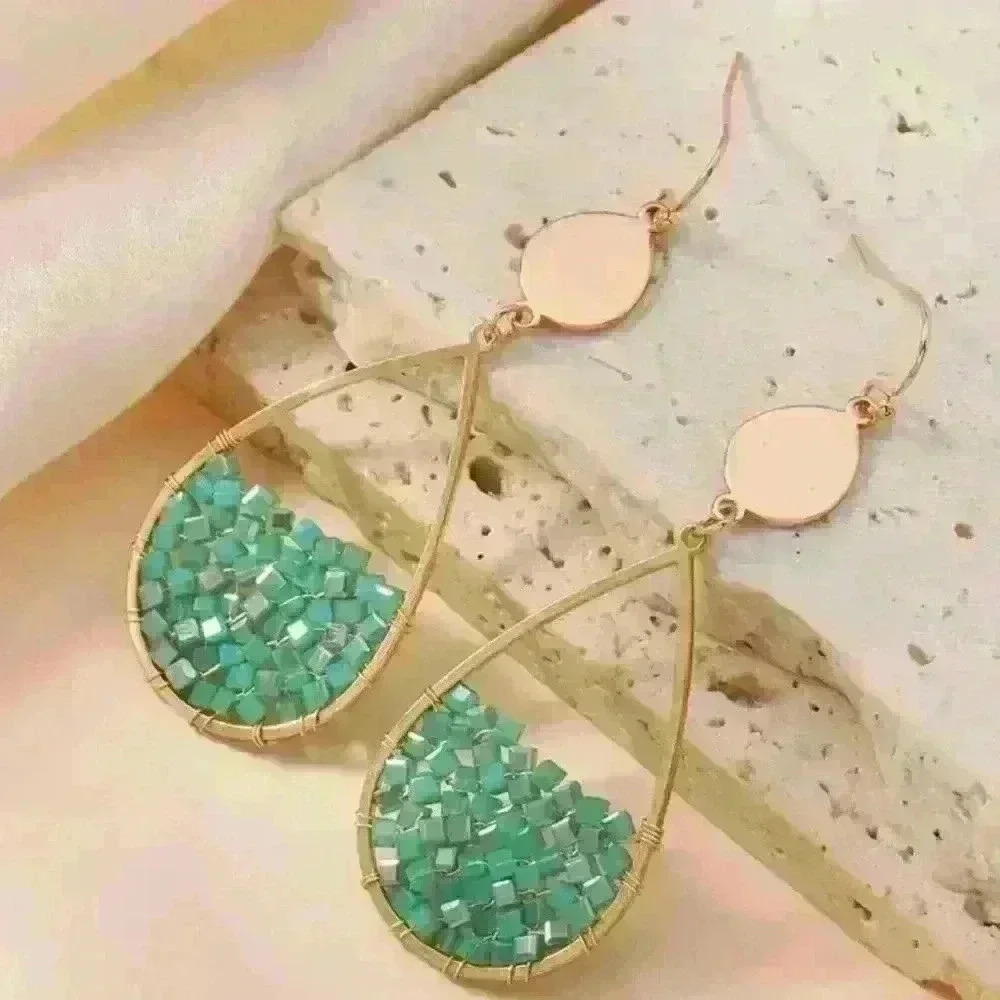 NEW-Gold-Tone Teardrop Earrings with Turquoise Beaded Design